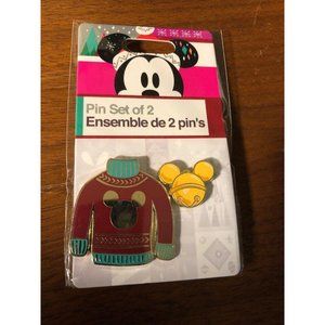 Disney Mickey Mouse Holiday Sweater Ugly Sweater 2 Pin Set 2018 Gold Mickey Head